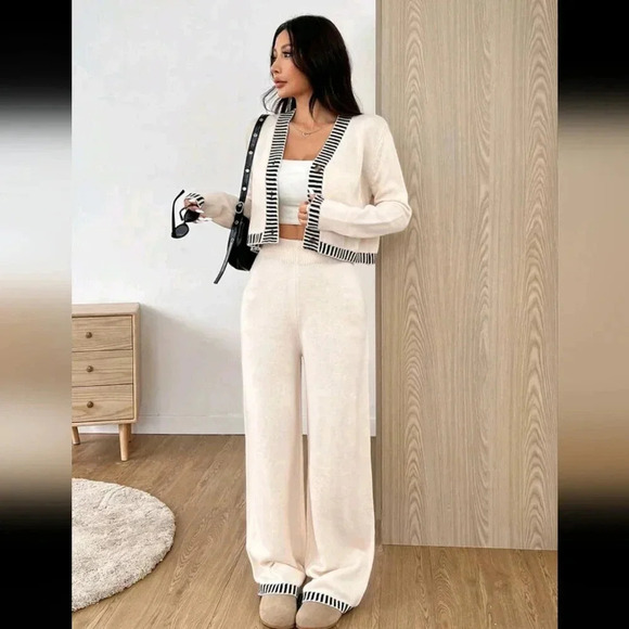 Women Casual Color Block Trim Cardigan And Pants Set, Autumn - Picture 1 of 7
